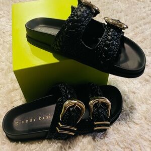 Gianni Bini Black Textured Sandals with Gold Accents